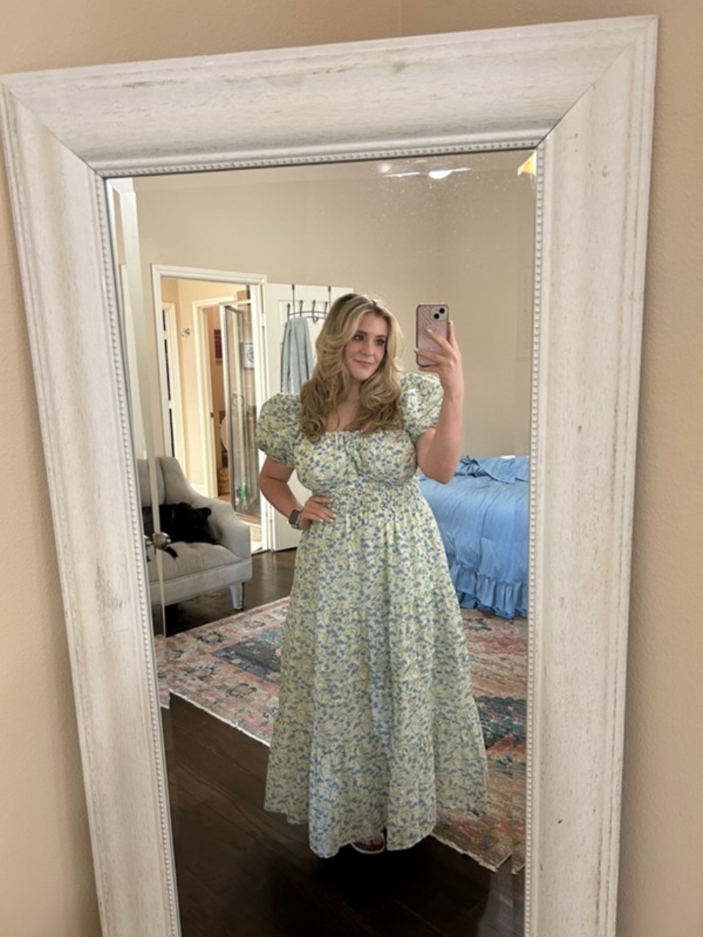 ASTR The Label Florentina Maxi Dress Blue Green Floral Sundress Smocked Large